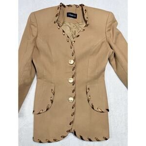 Kucci First Class Wool Blazer Sz 36 Tan Ribbon Trim Vintage Office Siren Med